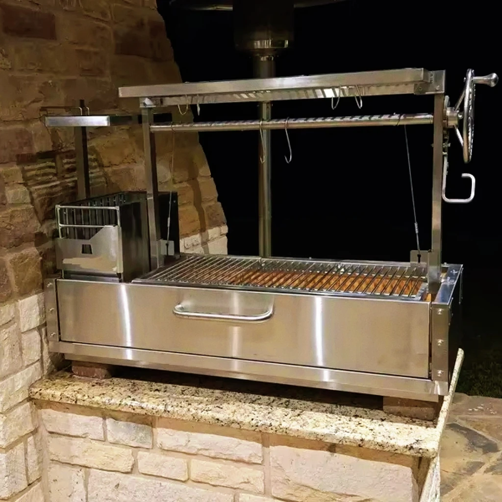 شواية فحم من الفولاذ المقاوم للصدأ قابلة للتعديل مع إشعال إلكتروني وعربة شواء خارجية فاخرة