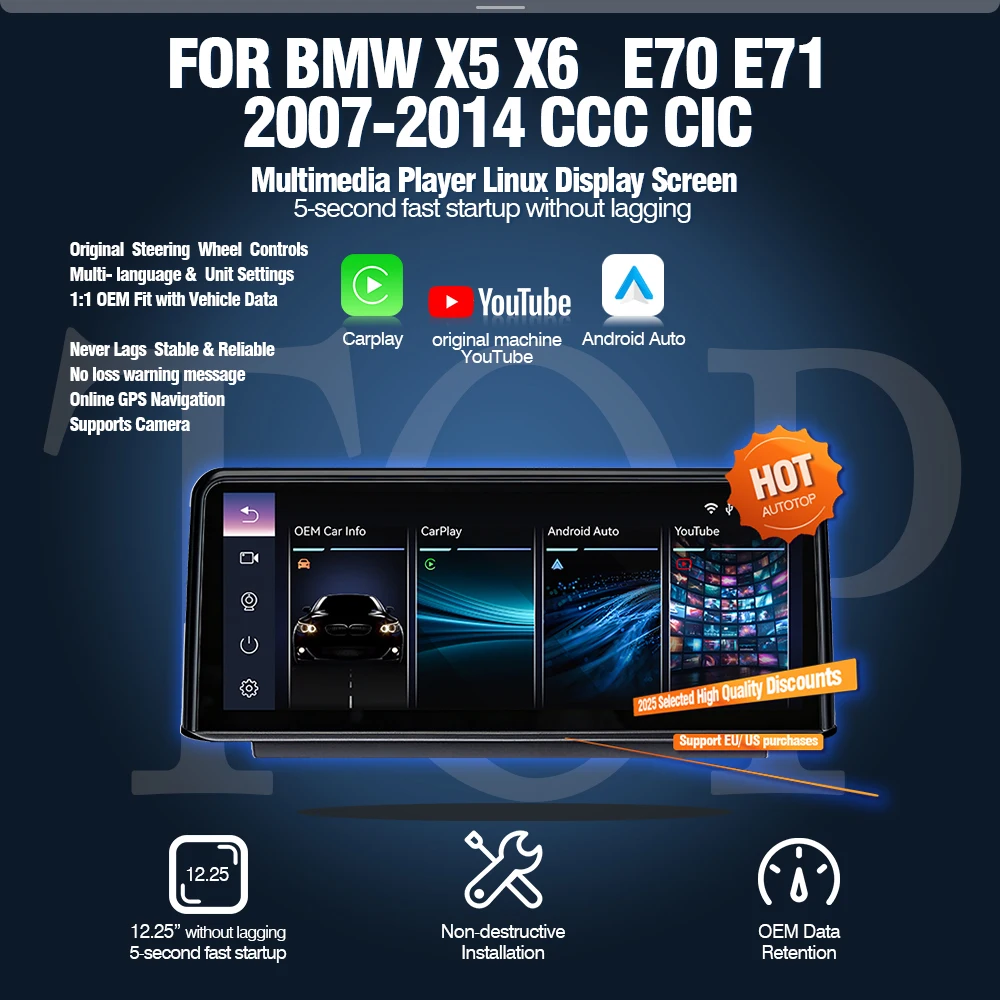 AUTOTOP Wireless YouTube Carplay Per BMW X5 X6 E70 E71 2007-2013 CCC CIC Sistema Multimedia Display Touch Screen Android auto