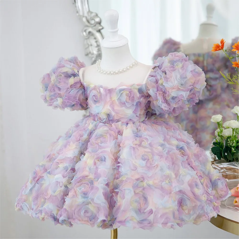 3D multi-color rose flower bubble sleeve children's dress princess girl  robe enfant