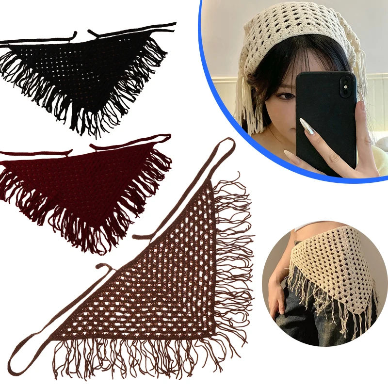 Y2K Hollow Out Fringe Triangle Scarf For Women Spring Headscarf Adjustable Layering Accessories Versatile Waist Hip Wrap Bandana