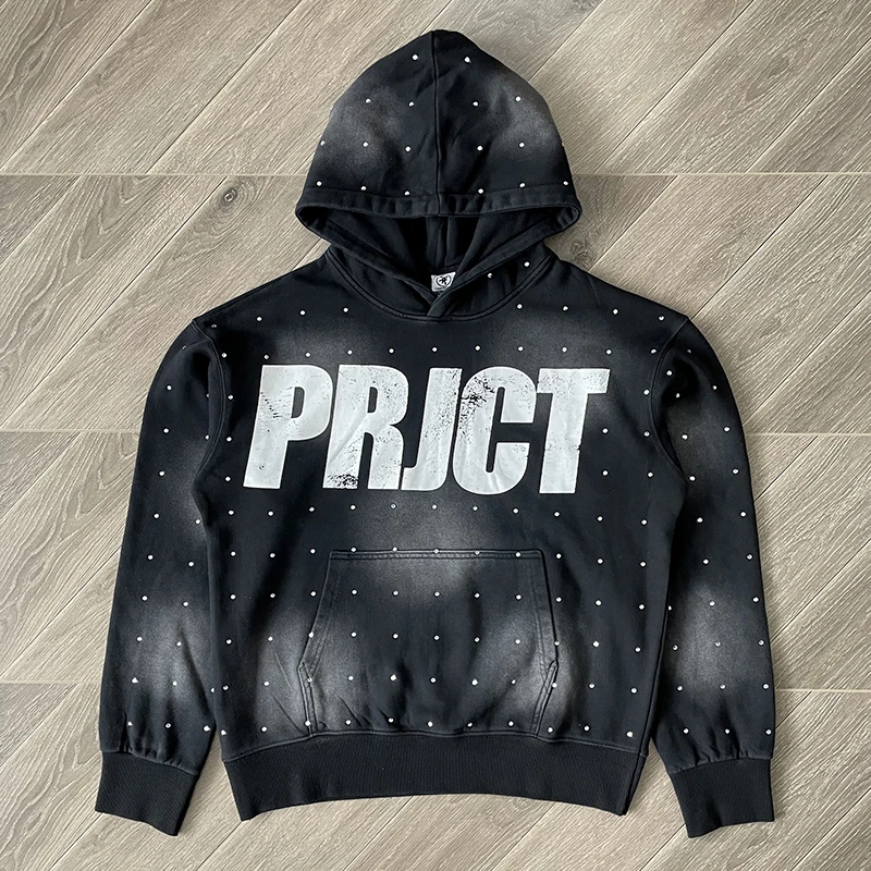 Project Capri Emergency Hoodie Washed Hot-Fix Rhinestone Casual Pullover Men Women Autumn Winter New Style Hooded Sweatshirts