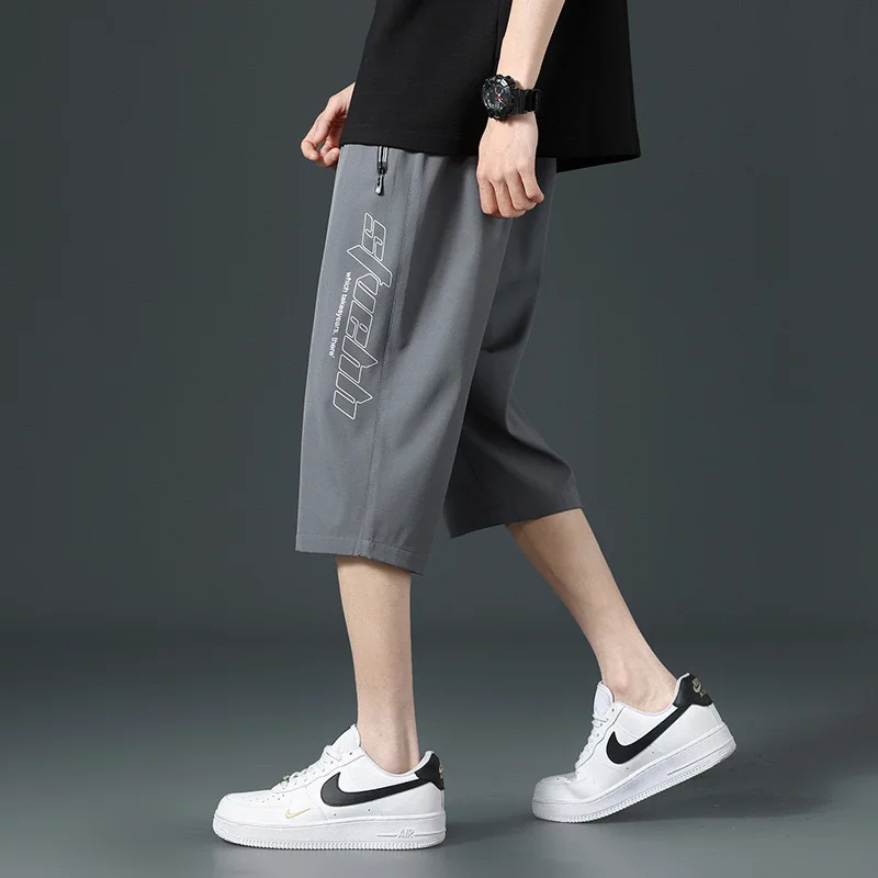

Ice Silk Seven-Foot Pants Men's Zipper ket Summer Thin Casual Qui-Dry Loose Large Size Men's Workwear Straight Leg Pants
