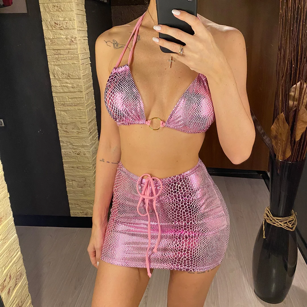 Sexy mit Rock, glänzender Schlangenhaut-Bikini, Damen-Badebekleidung, dreiteiliges Bikini-Set, Badeanzug, Badebekleidung, Schwimmbekleidung V4237 – Detail 2