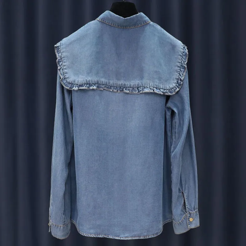 2025 New Fashion Female Denim Shirt Spring Autumn Splicing Side Of Fungus Shawl Collar Loose Tops Washed Women\'s Cowgirl Shirt