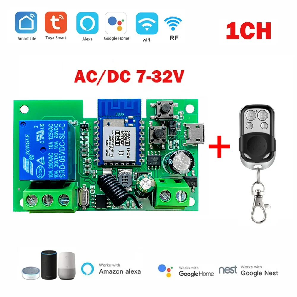 Tuya-WIFI Garage Door Opener Smart Switch DC 12V 24V AC ,1Relay Module, Timer, Auto Lock, Google Home for Alexa