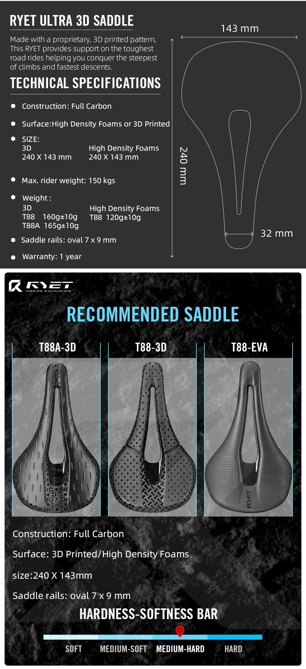 RYET Vollcarbon 3D-gedruckter Fahrradsattel 240mm *143mm 7*9mm EVA-Sattel für MTB Gravel Rennrad Fahrradteile – Detail 3