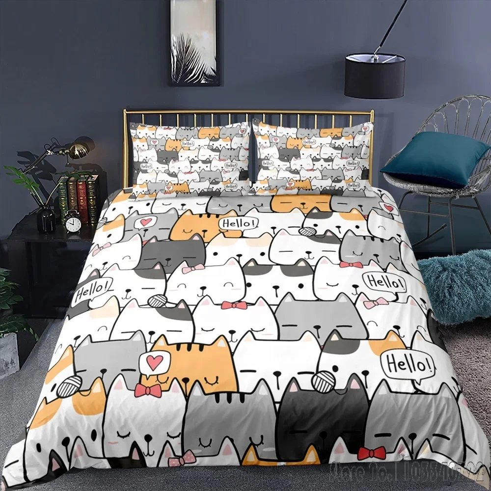 Children Cartoon Cute Cats 3D Print Duvet Cover Set HD Comforter Cover for Kids Bedding Sets Bedclothes Bedroom Decor