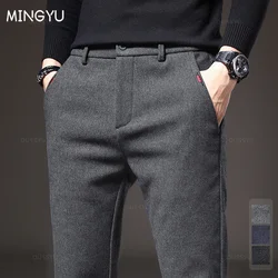 Calça casual de tecido escovado masculina, moda empresarial grossa, slim fit coreana, stretch, cinza, azul, calça preta, marca masculina, inverno, nova, 38