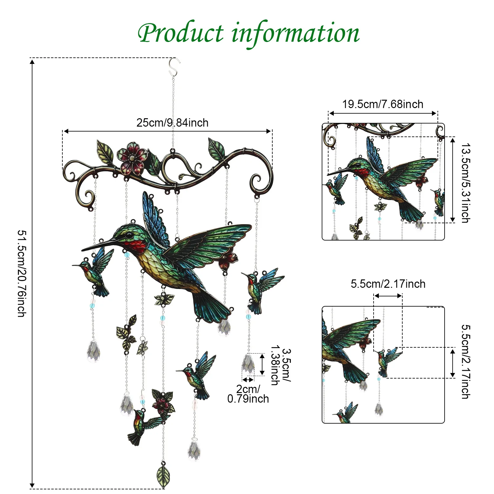 20Inch Outdoor Metal Hummingbird Wind Chimes Perfect Soothing Sounds for Garden Patio Porch Balcony Yard Hanging Decoration