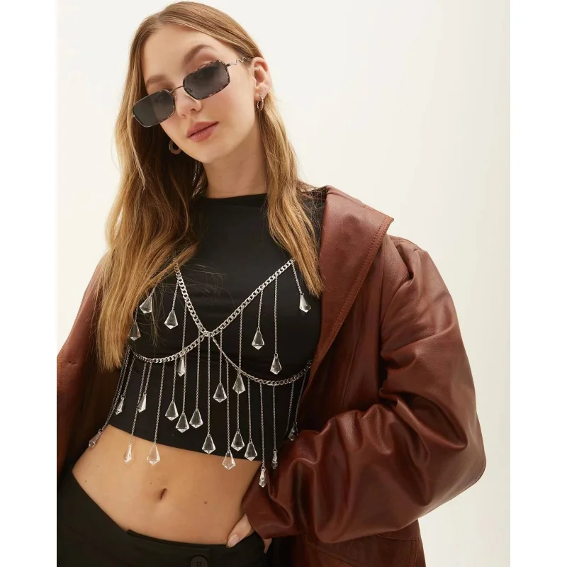 Damen-Körperkette mit Kristallquasten, verstellbares Metallketten-BH-Oberteil, glitzernder Strass-Körperkettenschmuck für Party-, Festival- und Rave-Outfits – Detail 1