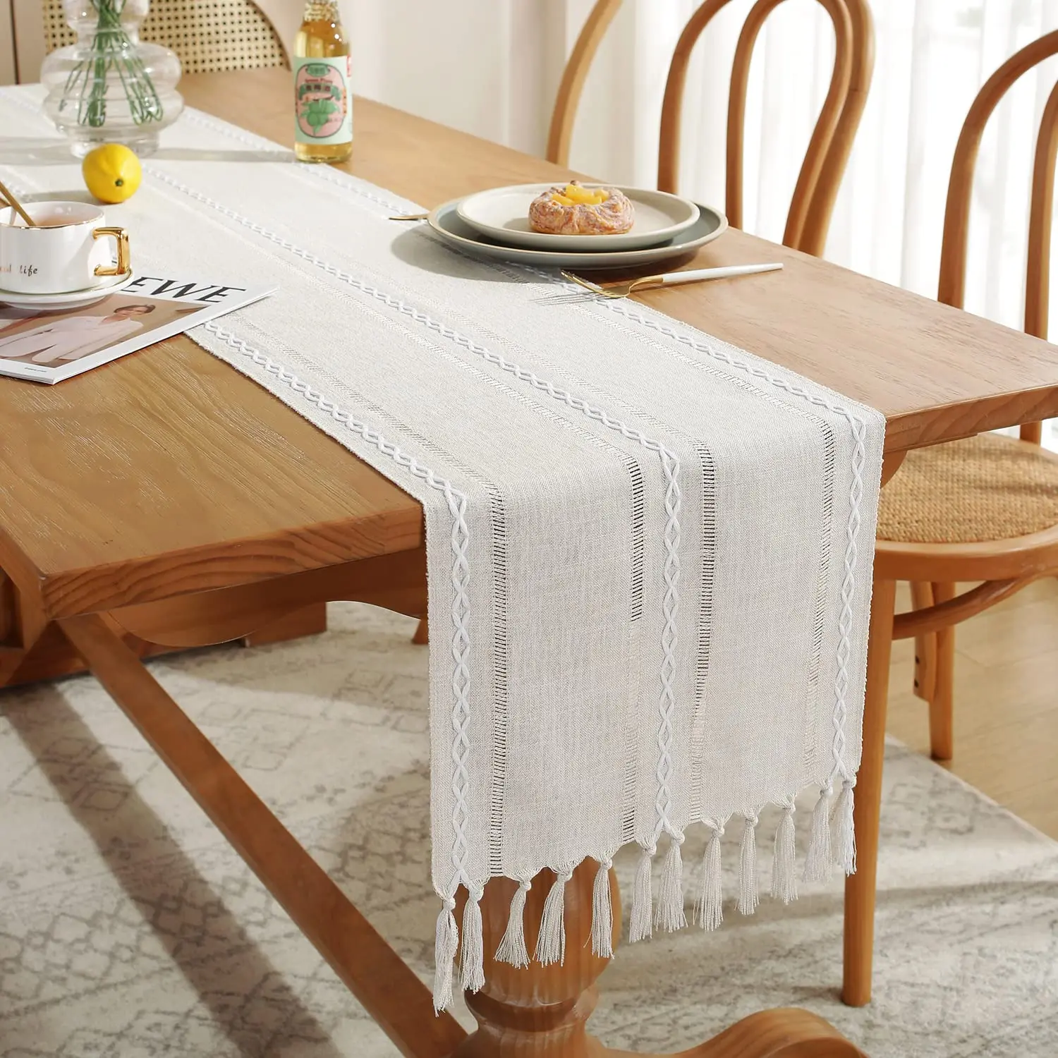 Rustic Farmhouse Style Linen Table Runner, Boho Handmade Tassel, Embroidered Table Runners for Party, Wedding and Dining Decor