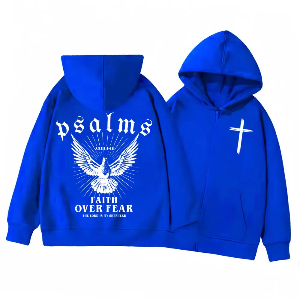Christian Jesus Faith Over Fear Bible Verse Zipper Hoodie Men's Women's Fashion Vintage Zip Up Pullovers Casual Loose Sweatshirt