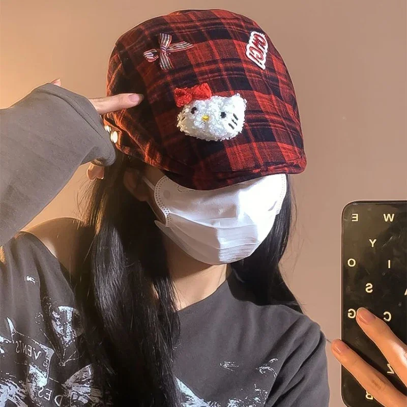 Sanrio Hello Kitty Duck Tongue Beret Y2k Cute Sweet Octagonal Hat Retro Plaid Big Head Small Looking Hat Christmas Gift