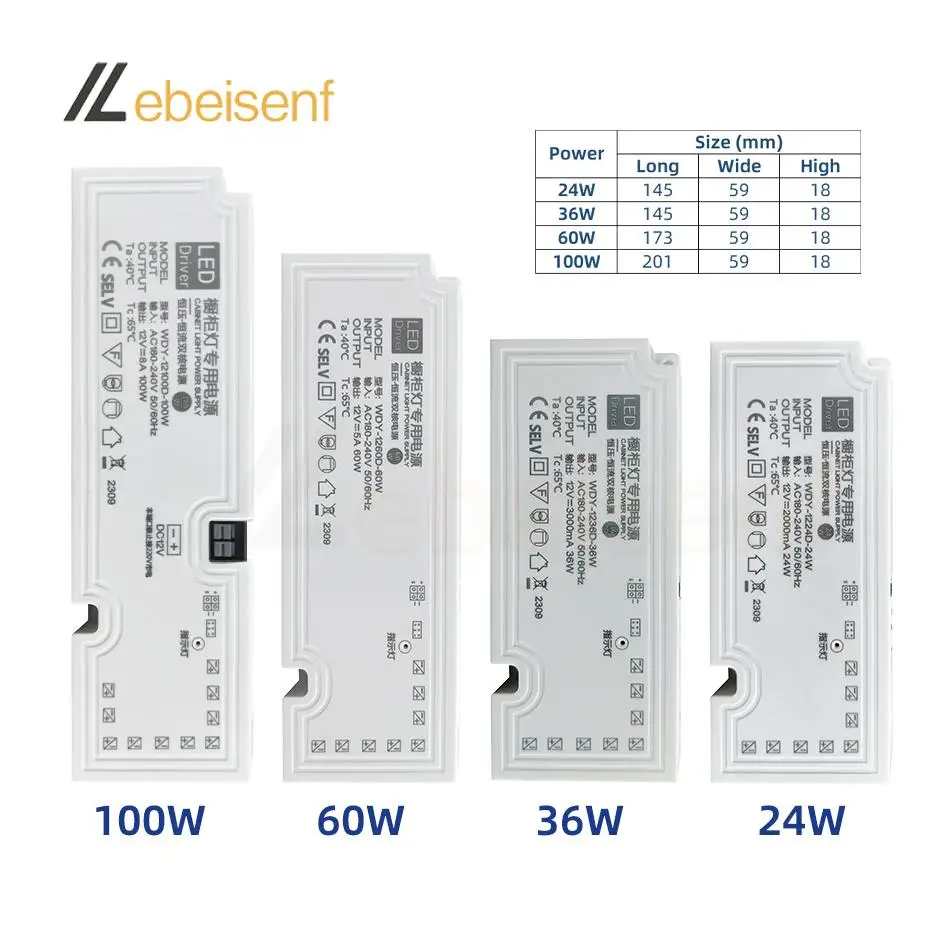 LED Cabinet Light Strip Light Transformer DC 12V 24V alimentatore per illuminazione DuPont Port Driver 24W 36W 60W 100W cavo spina ue/usa