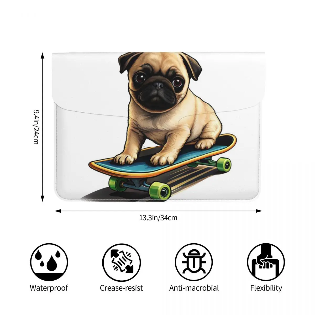 Pug Dog PU Leather Horizontal Laptop Sleeve Shockproof Soft Lining Notebook Case 13 Inch