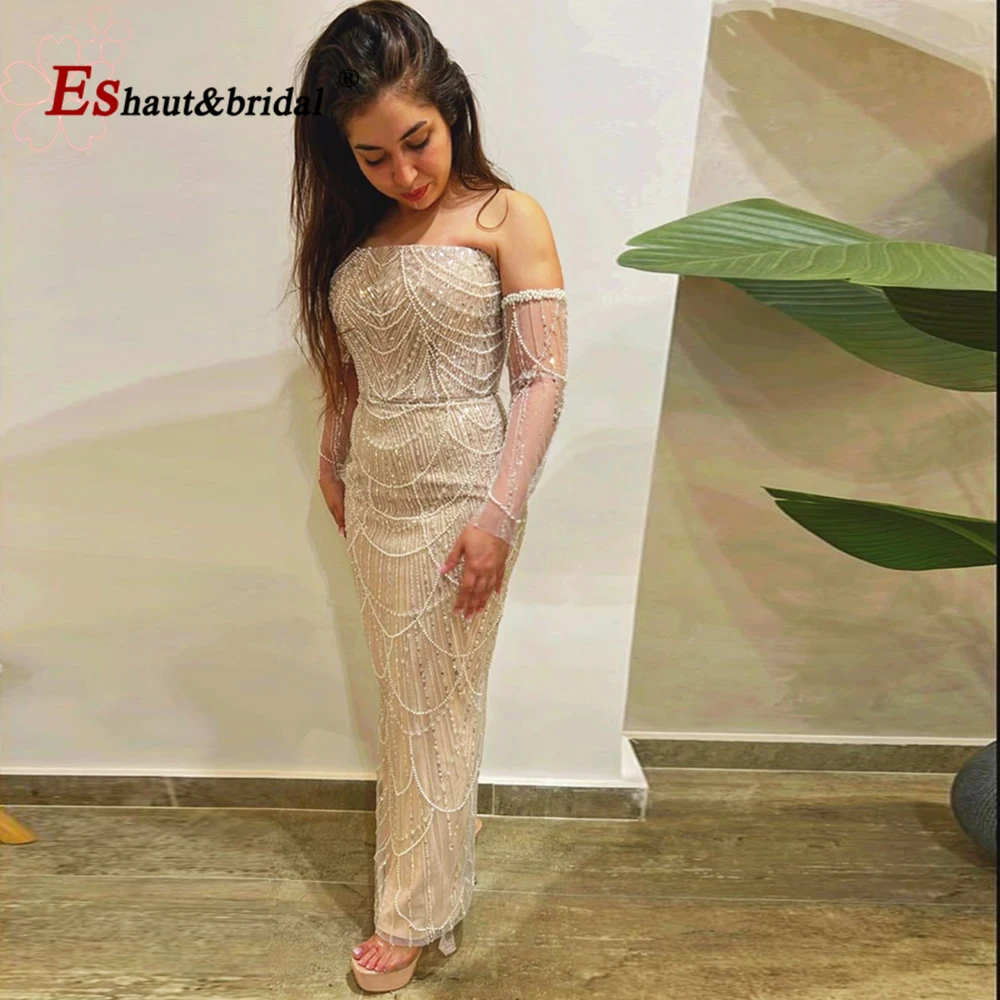 Elegant Nude Mermaid Pearls Evening Dress for Women 2024 Luxury Strapless Long Formal Prom Wedding Party Gowns Customized