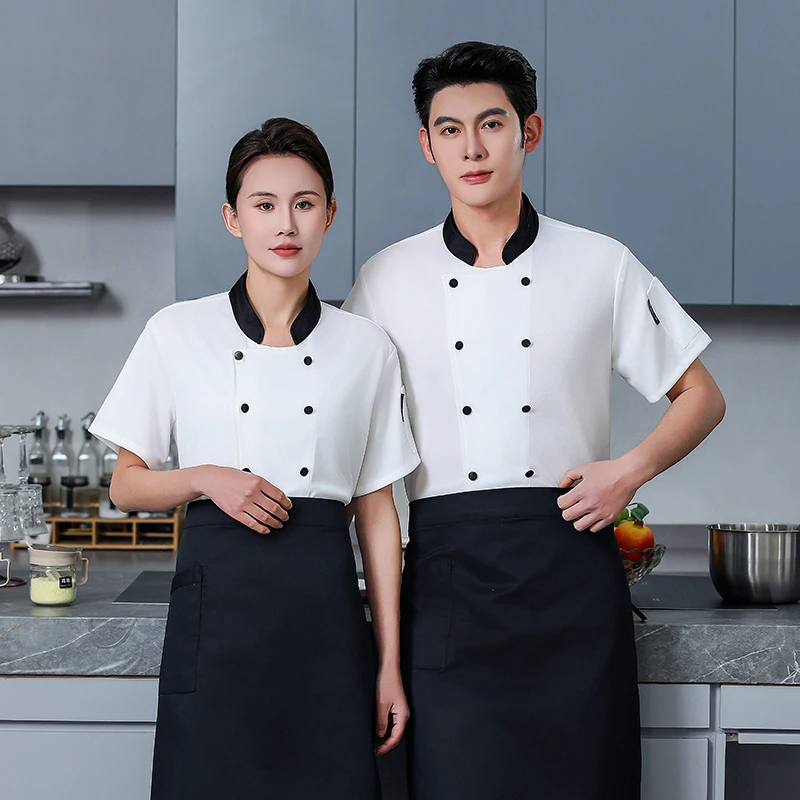 الرجال قصيرة الأكمام سترة الطاهي المطبخ العمل موحدة تنفس مطعم الشيف معطف المئزر الأبيض ملابس العمل الشيف السراويل الصيف