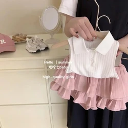 Baby Girls' Clothing Set Summer New Children's Polo Knitted Sleeveless Top+Pleated Cake Short Skirt 2-piece Set Kids Outfits