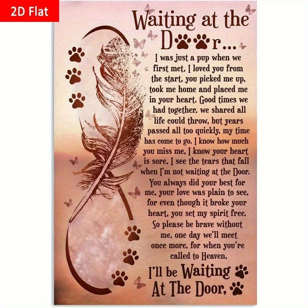 Panneau métallique rétro plat 2D 12"x8" pour décoration murale commémorative pour chien avec poème « Waitin' at the Door », empreinte de patte et motif plume - Intérieur/Extérieur