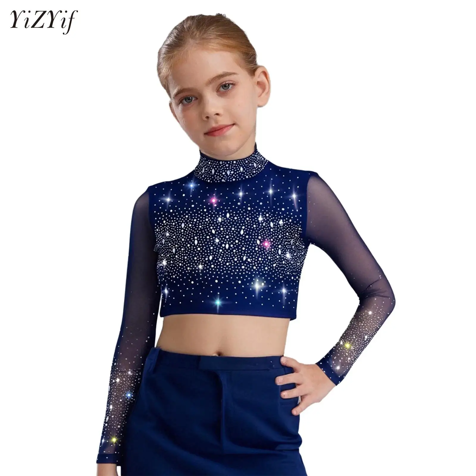 

Girls Ballet Dance Crop Top Long Sleeve Rhinestones T Shirt Carnival Party Cheerleading Lyrical Modern Jazz Performance Clothes