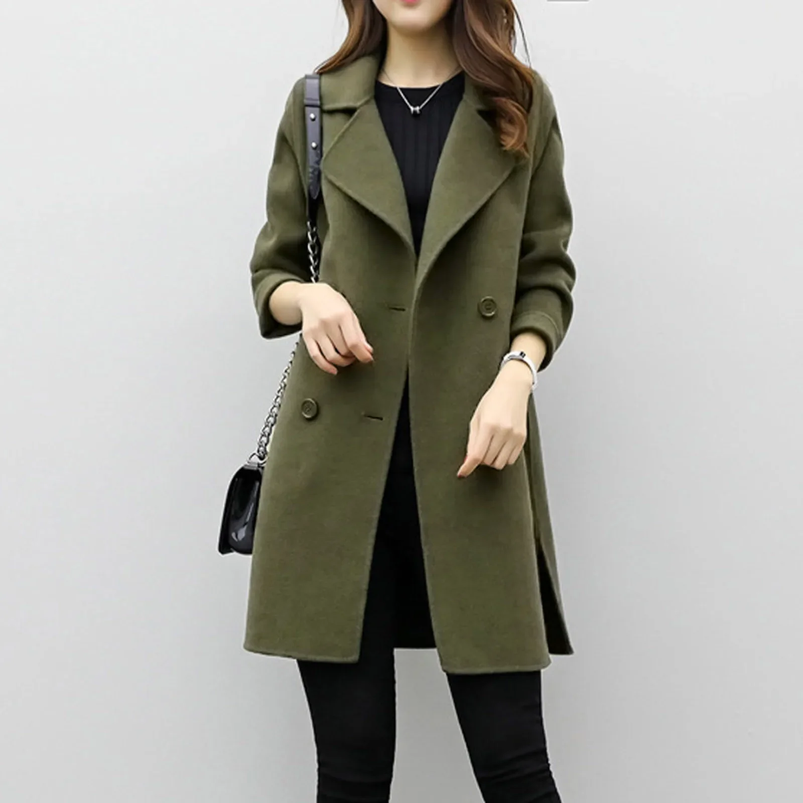 Elegant Turn-down Collar Women's Coat Casual Outwear Slim Autumn Coat Winter Woolen Midi Cardigan Black Double Breasted Jacket