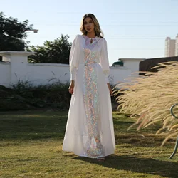 Vestido muçulmano feminino robe femme mussulmane 2022 novo elegante rendas até branco muçulmano moda lantejoulas oriente médio abayas para mulher