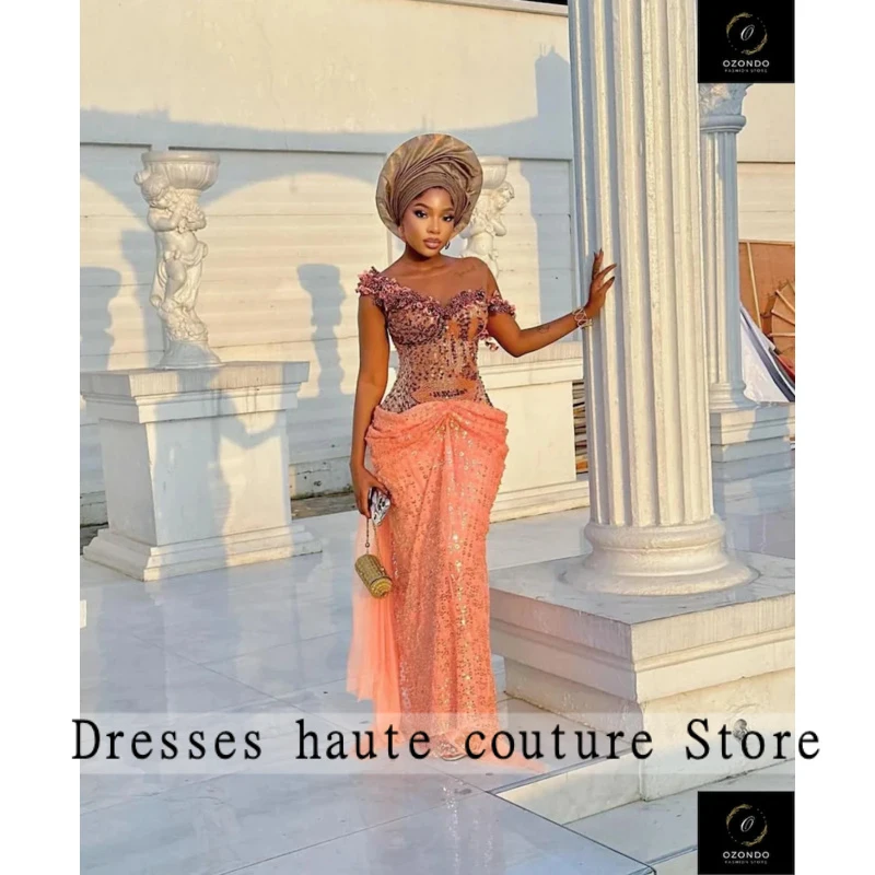 

Sweetheart Sheer Mesh Beaded Peach Mermaid Evening Dress Ruched Skirt Formal Wedding Plus Size Party Gown Customized