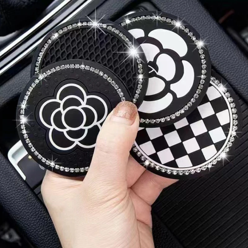 2Pcs camellia Auto Car Cup Holder Coasters Silicone Anti-Slip Bling Crystal Drink Car Cup Mat