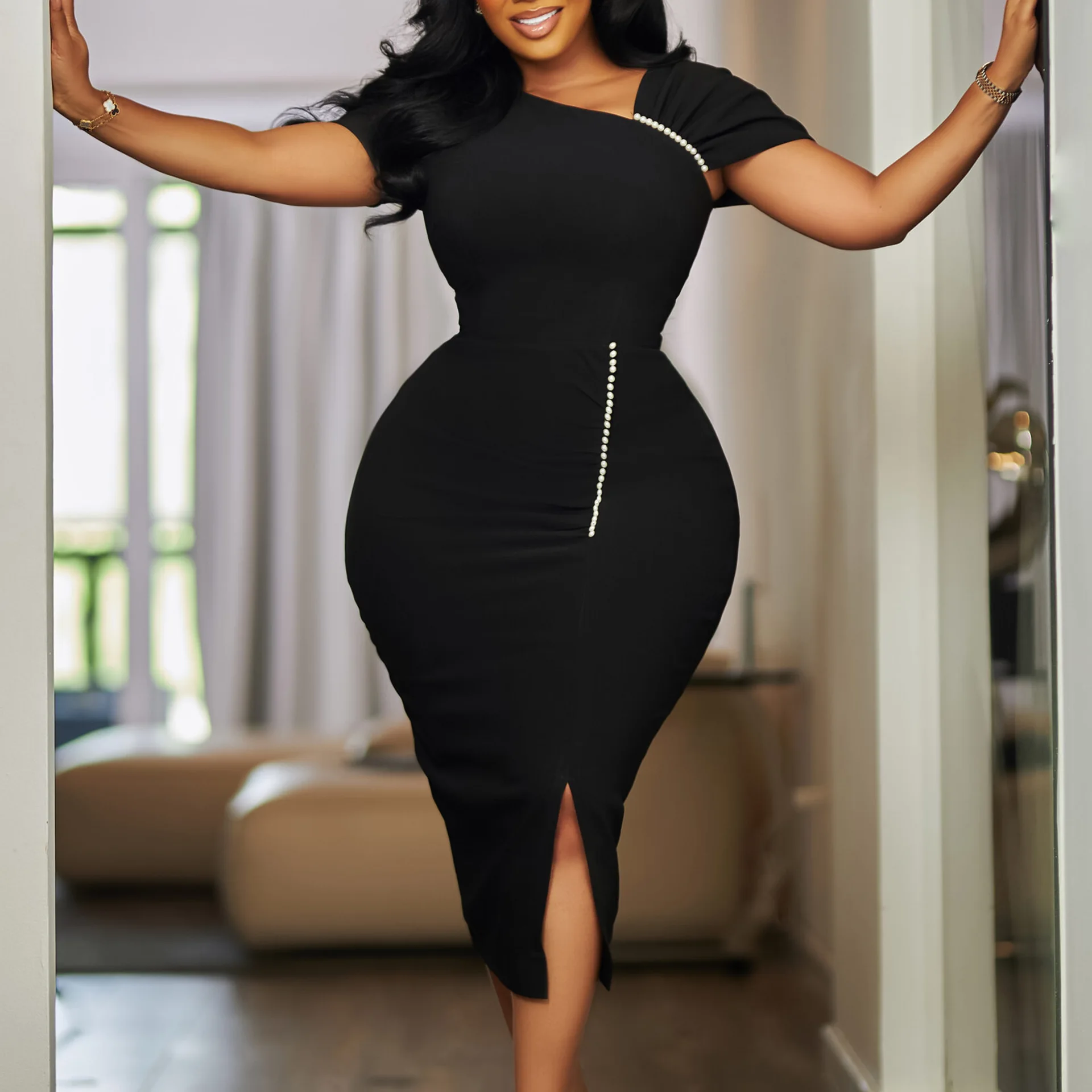 

Mid Length Bodycon Dress Women Pencil Dresses Sexy Beading Vestidos Streetwear High Waist Short Sleeve Elegant Y2k Party Night