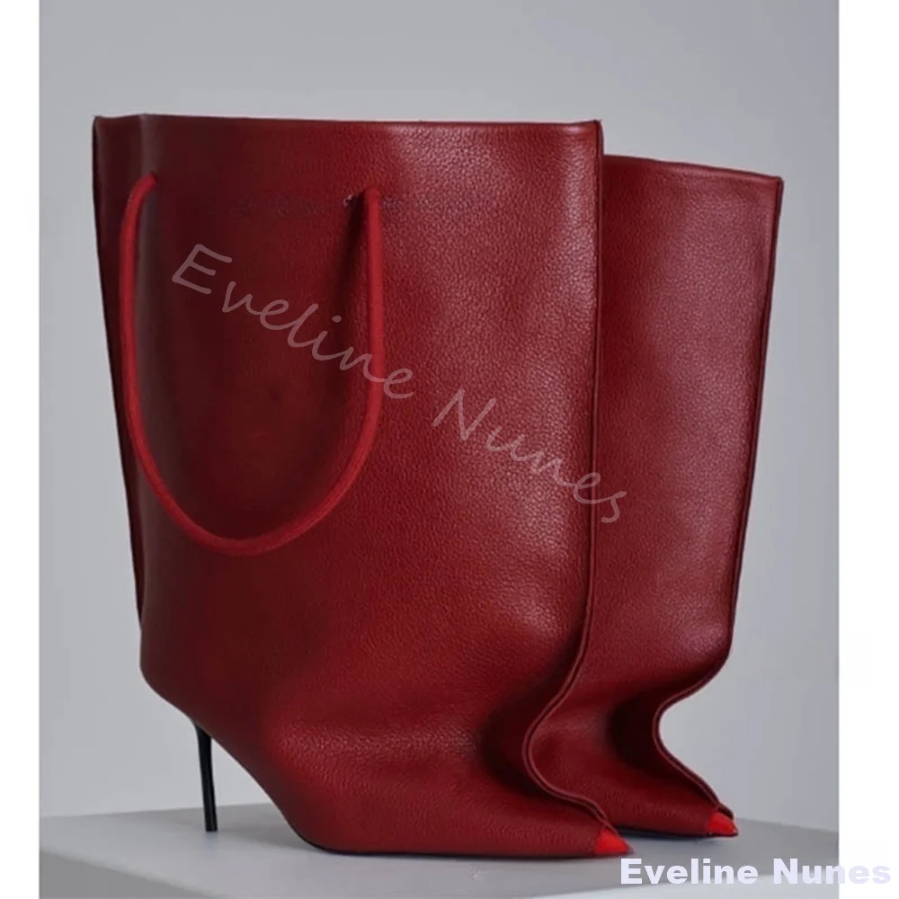 واسعة الساق فضفاضة باليد أحذية طويلة النساء الأحمر الجلود خنجر كعب أشار تو الانزلاق على بنطلون الأحذية السوداء تصميم الأزياء الأحذية #1