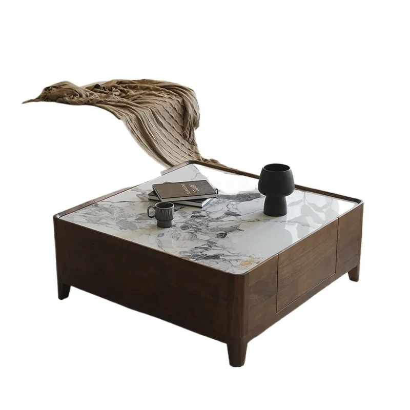

Italian light luxury North American black walnut rock slab coffee table living room square tea table