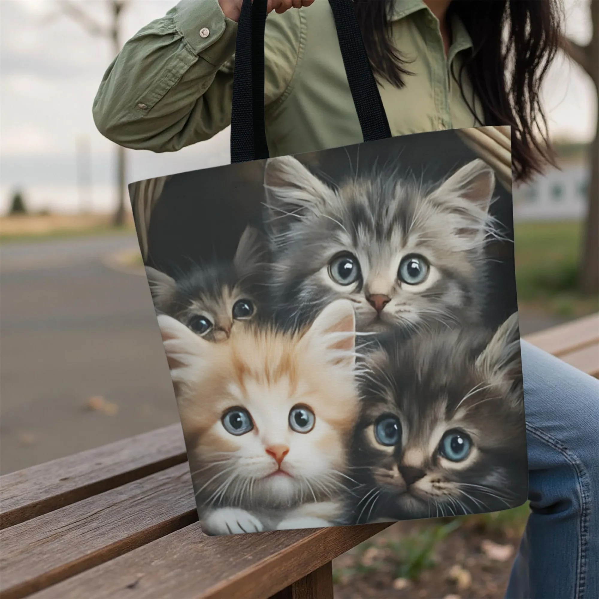 

Очаровательная холщовая большая сумка с реалистичными котятами, милая многоразовая сумка на плечо с рисунком нескольких кошек, идеальный подарок для любителей домашних животных
