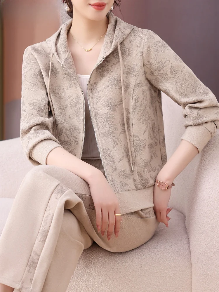 

Стильный осенний комплект одежды для женщин среднего возраста: повседневный спортивный костюм, свободные длинные брюки из полиэстера с застежкой-молнией и цветочным принтом