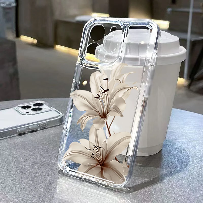Clear Lily Flower Phone Case For Samsung Galaxy S26 S25 S24 S23 Ultra S22 Plus S21 FE A55 A54 A35 A34 A16 A36 A56 Soft Cover