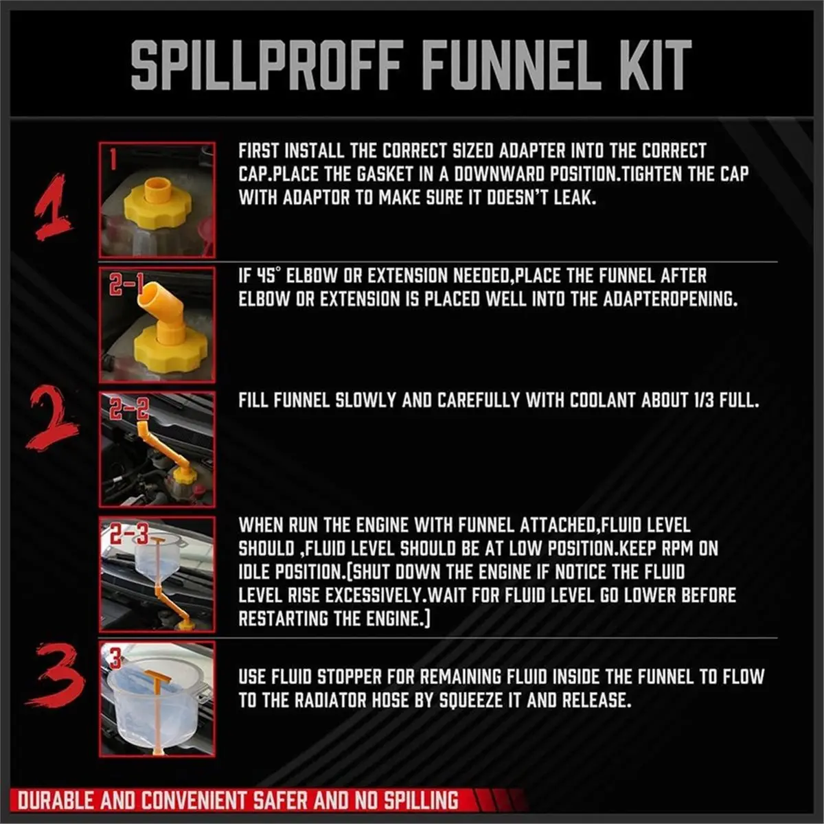 19-Piece No Spill Coolant Funnel Kit, Spill-Proof Radiator Bleeder Filling Set with Adapters for Universal Vehicle Use