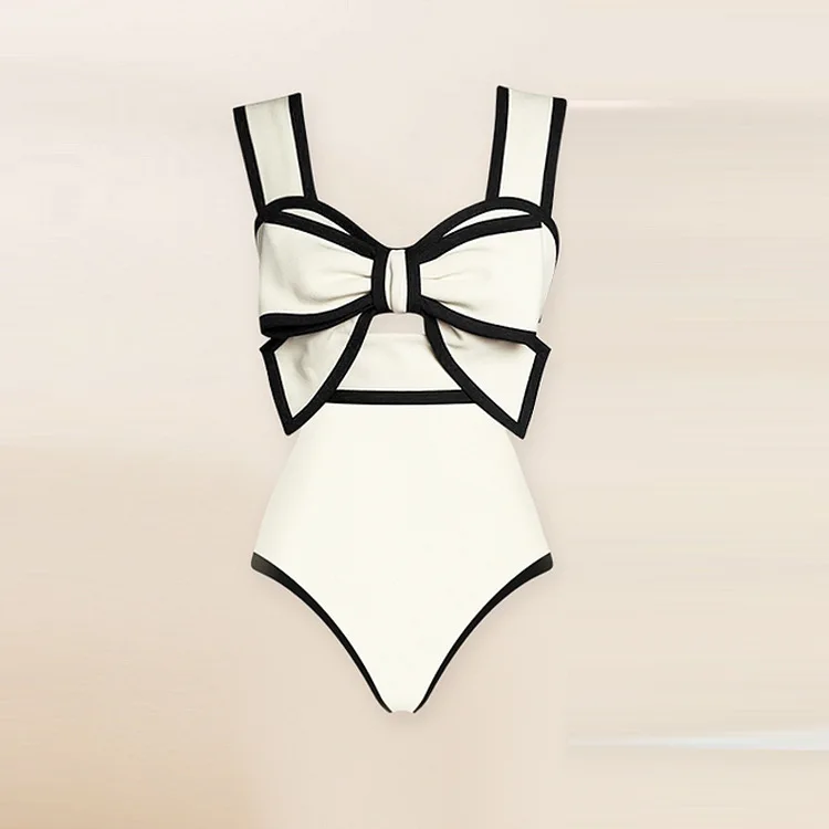 Hot Selling Retro Conservative Bikini Set Solid Color Bow One Piece Swimsuit New Style in Ins for European and American Markets