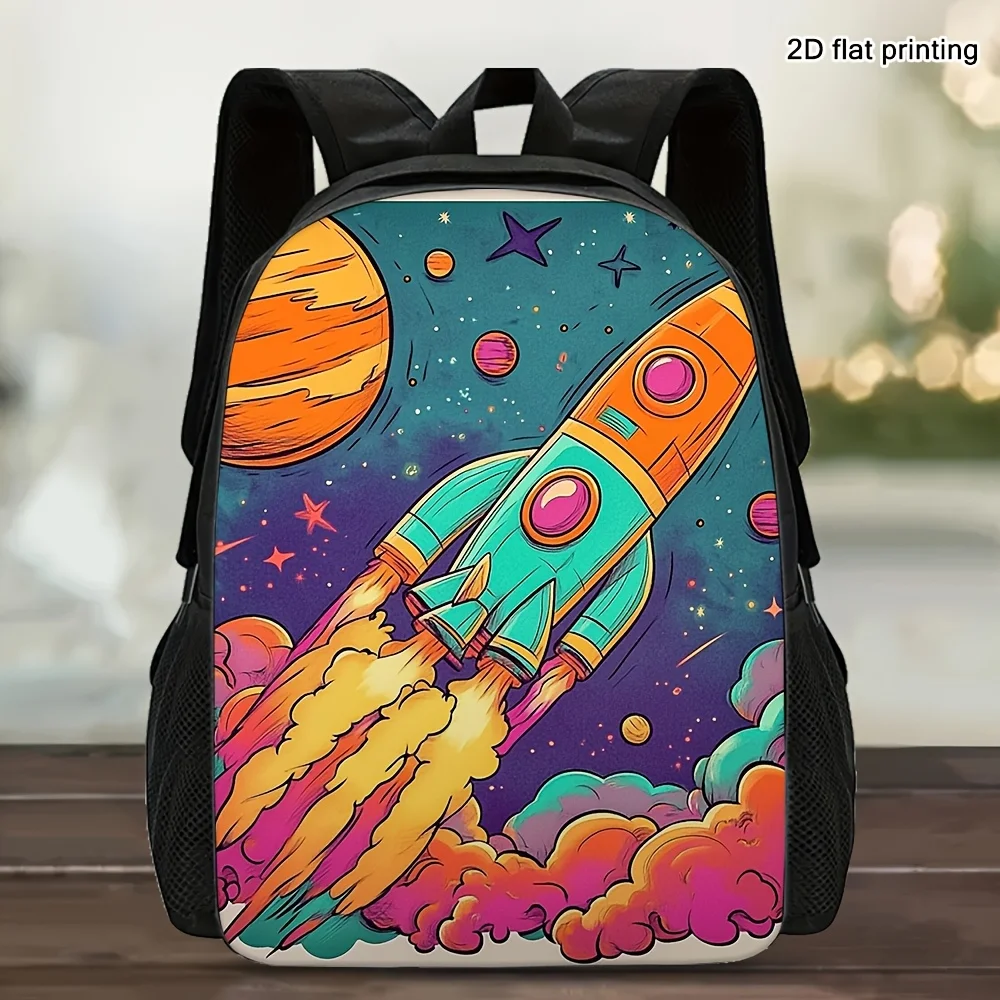 

1 spaceship travel backpack - lightweight polyester adjustable detachable shoulder strap, cartoon rocket and universe pattern