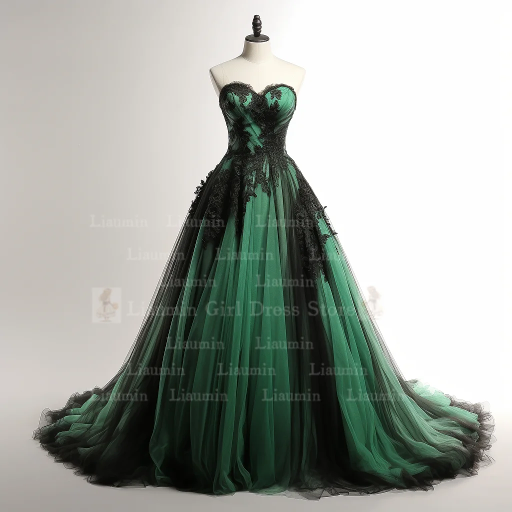 Tulle verde e bordo in pizzo nero Applique abito da sera con lacci sul retro a figura intera Brithday occasione formale abbigliamento Elagant W1-8