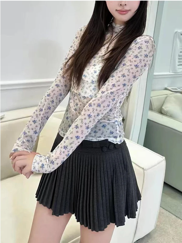 블루 플로럴 프린트 베이스 레이어 irt 여성용 슬림핏 롱 Sve f 하이 칼라 티셔츠 봄 시즌 패셔너블 이너웨어...