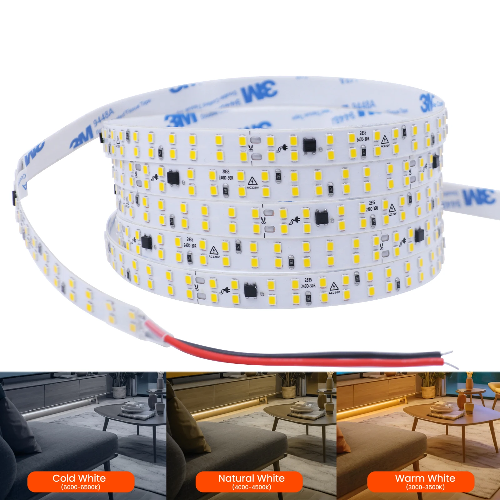 

Waterproof LED Strip Light AC 220V 2835 120/240 LEDs/m 5M 10M 20M Adhesive LED Light Tape Flexible And Cuttable Soft Lamp Bar