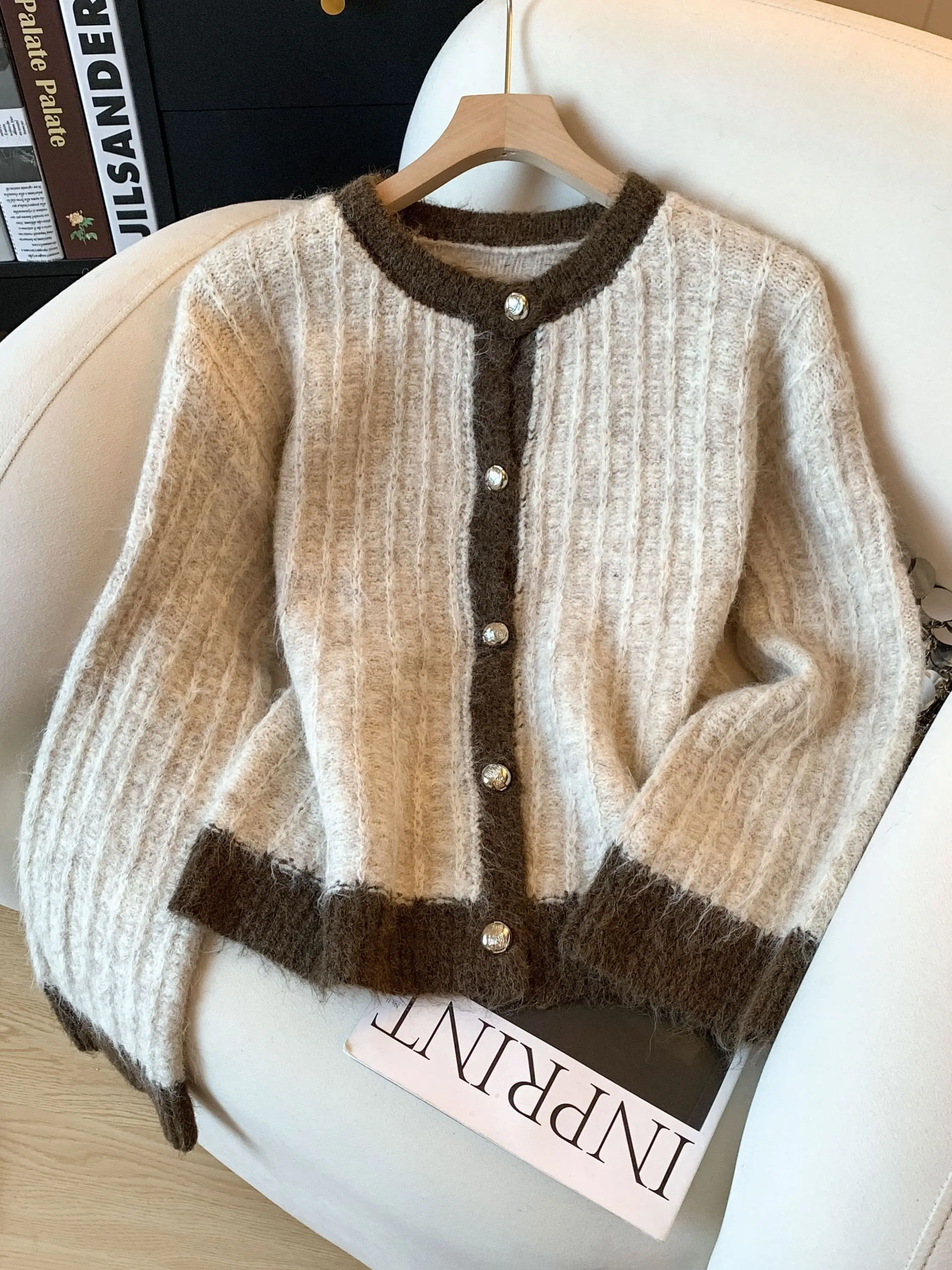 

Color Blo round Ne ort Loose Long Sve Knitted Open Cardigan Women's Autumn Winter New Sle Casual Faion Top