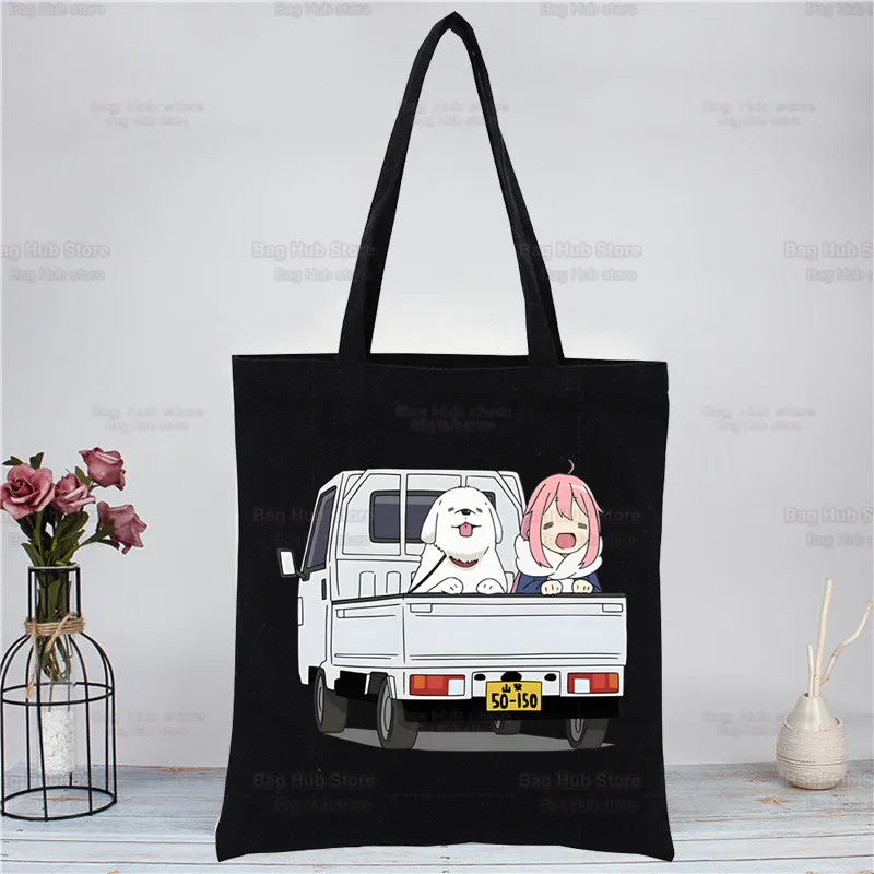 Yuru camp-lona preta tote para mulheres e meninas, bolsa de ombro casual, eco shopping, anime nadeshiko