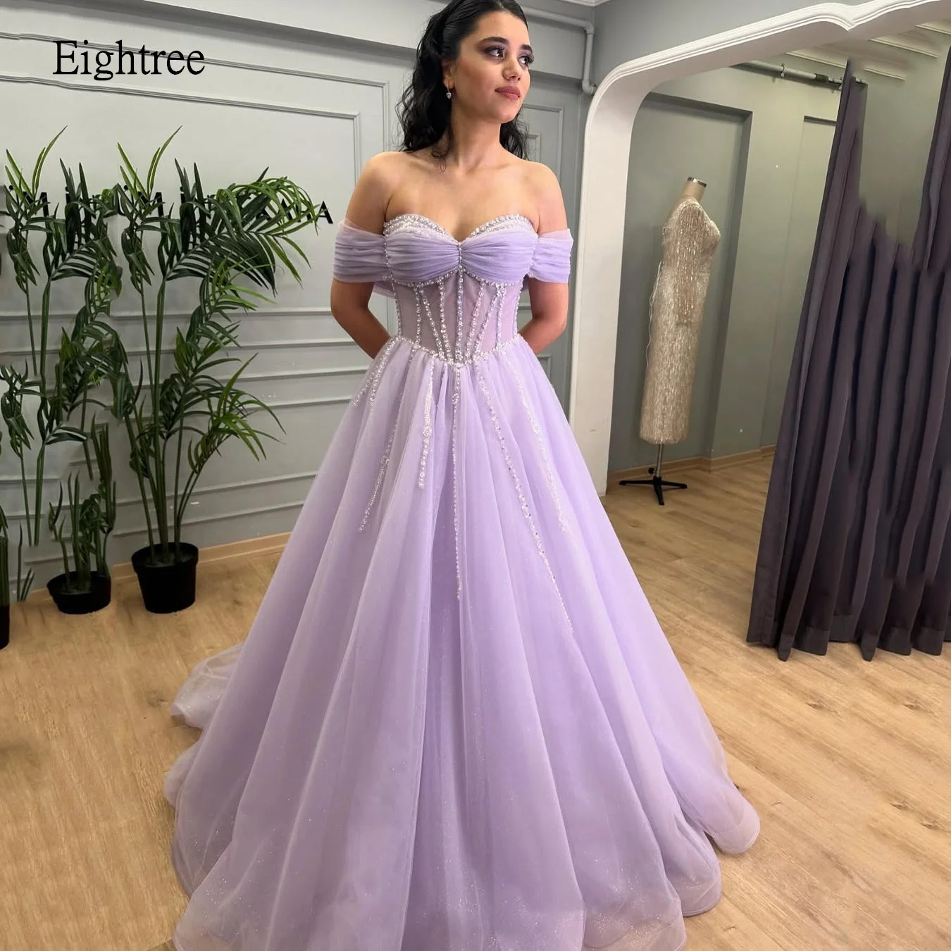 

Eightree Lavender A-line Prom Gowns Off The Shoulder Formal Party Gown Sweetheart Neck Evening Dress vestidos de gala Customized