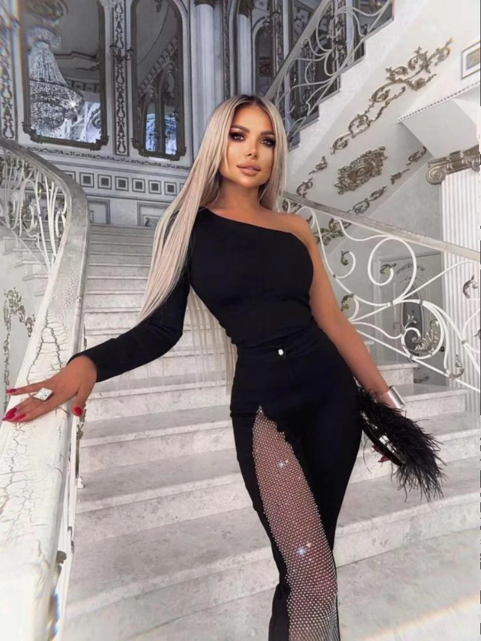 Nowy, modny kombinezon na jedno ramię z długim rękawem, zdobiony cyrkoniami, idealny do sesji zdjęciowych, seksowny, z wycięciami, z wysokim stanem...