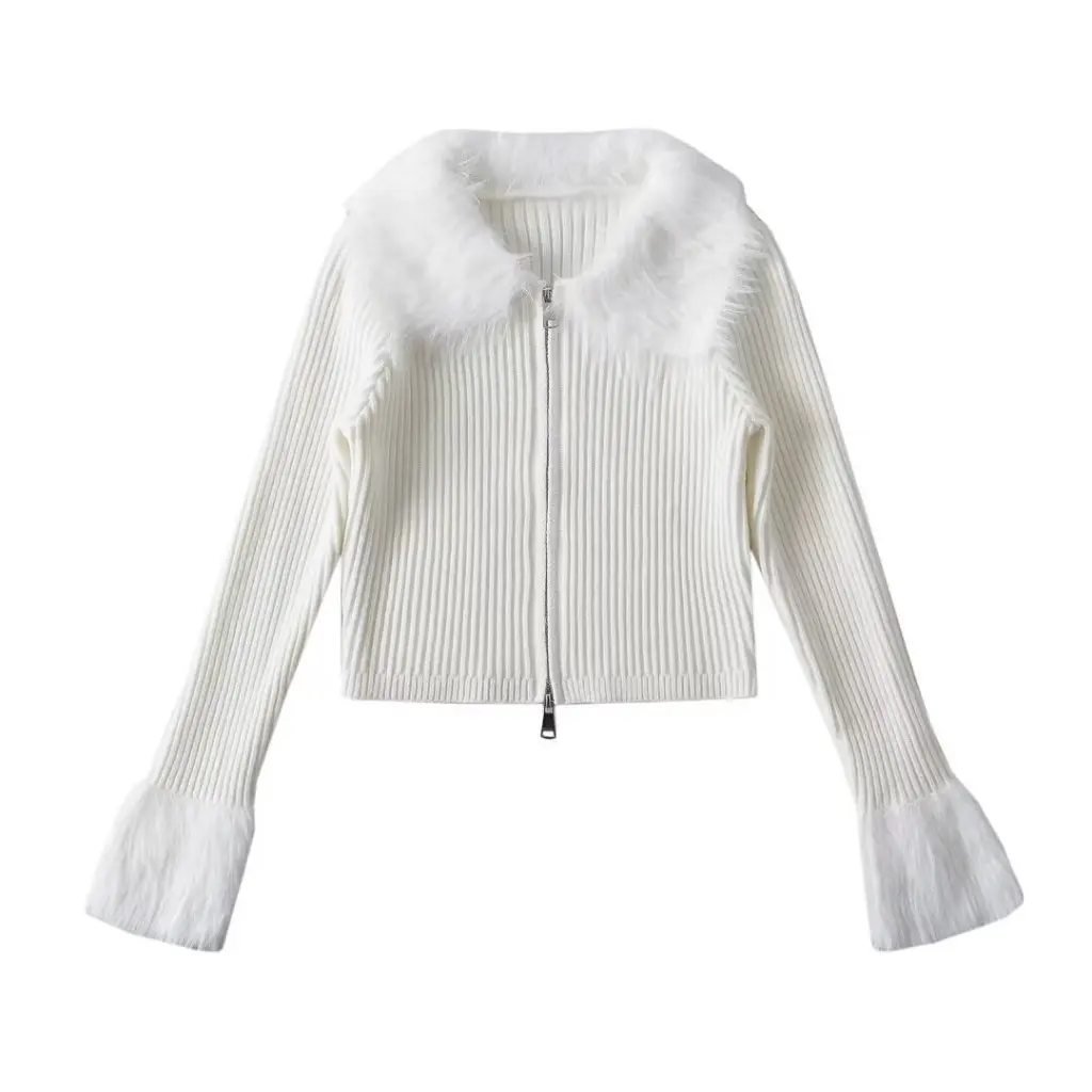

Women's Slim Fit Knitted Cardigan Fur Stitching Lapel Double Zipper Long Sleeve Korean Style Autumn Winter Hot Girl Top