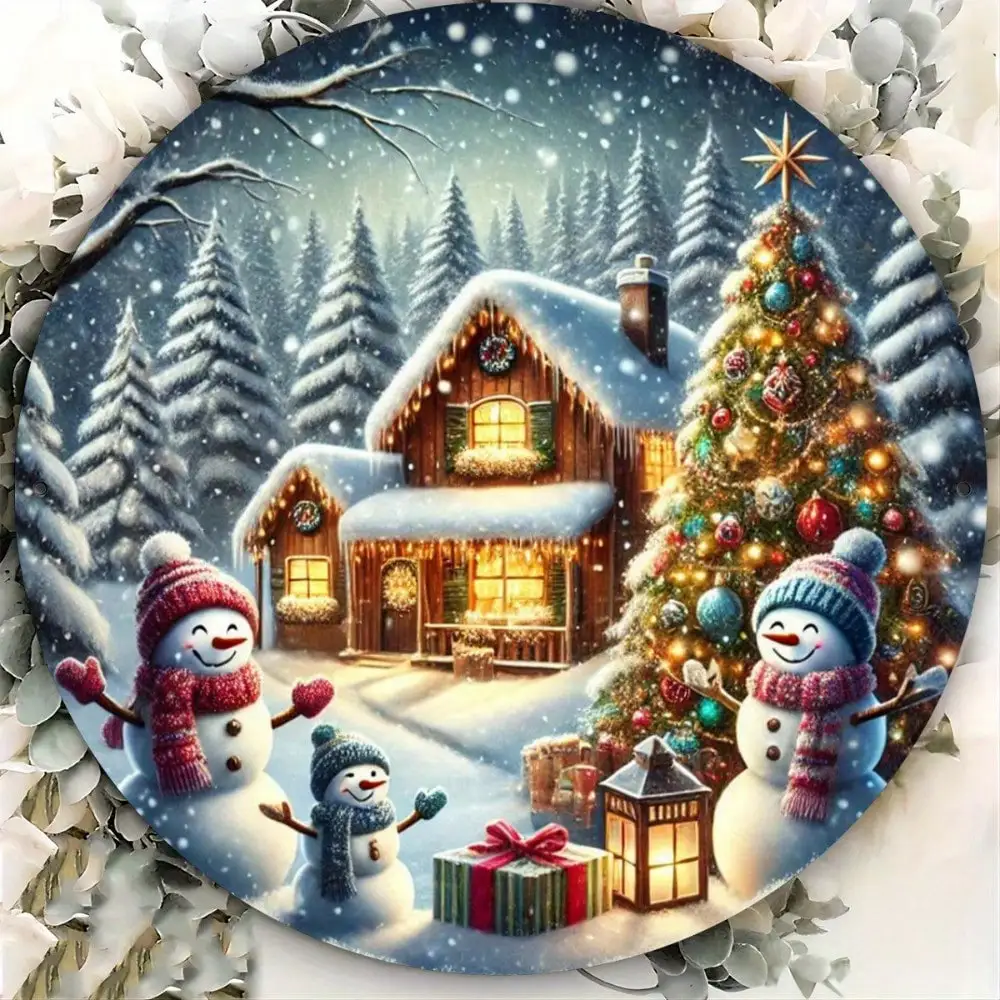 Rundes Metallschild „Weihnachtsschneemann und Baum“, 20,3 x 20,3 cm, festliche Wandkunst für Bar, Café, Club, Küchendekoration