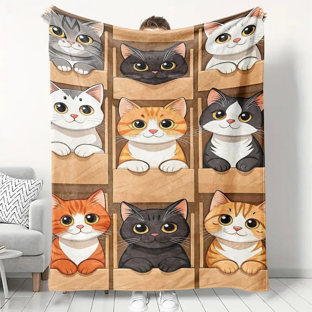 Wooden Drawer Grid Base Various Cartoon Kitten Full Print Fluffy Throw Blanket, Warm Soft Blanket For Couch Bed, Pet Home Decor
