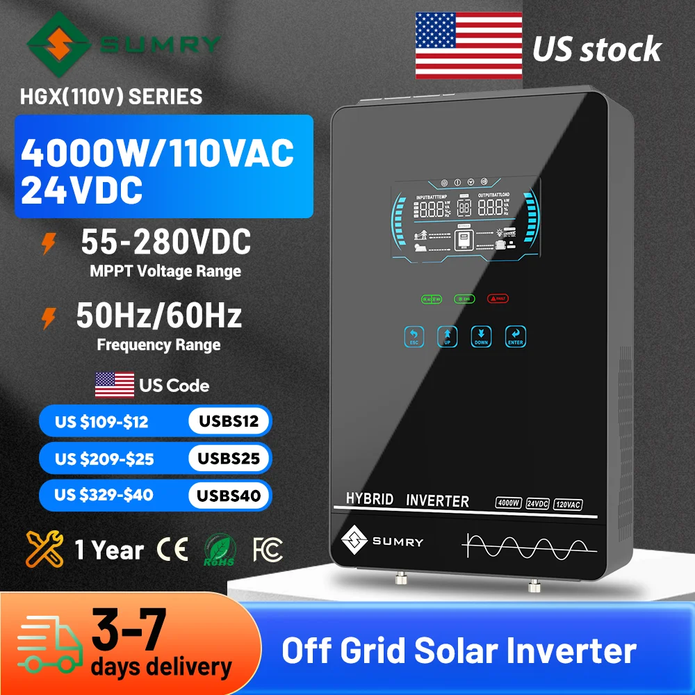 SUMRY 4KW 6KW 120V Off Grid Solar Inverter 24V 140A 5600W MPPT Charger Pure Sine Wave Home Inverter 6.25 Inch LCD Display