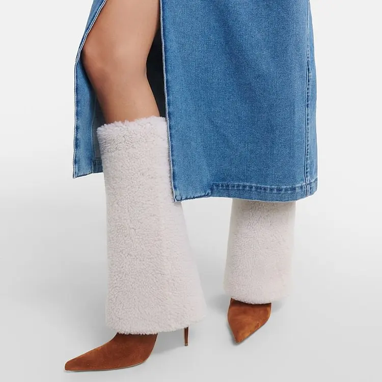 

Women's Folded Lambswool Knee High Boots Brown Pointed Toe Stiletto Heels Patchwork Warm Winter Sweet Sexy Lady Causal Shoes