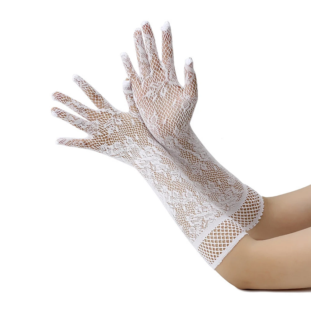 Womens Sexy Fishnet Lace Elastic Hollow Out Ladies Gloves Lounge Bride Long Sleeves Erotic Etiquette Solid Color Mesh Hollow